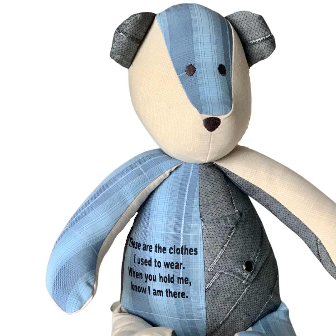 Bereavement Bear made from your loved one's clothes with a poem printed directly on the fabric