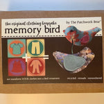 Memory bird made from recycled clothing.