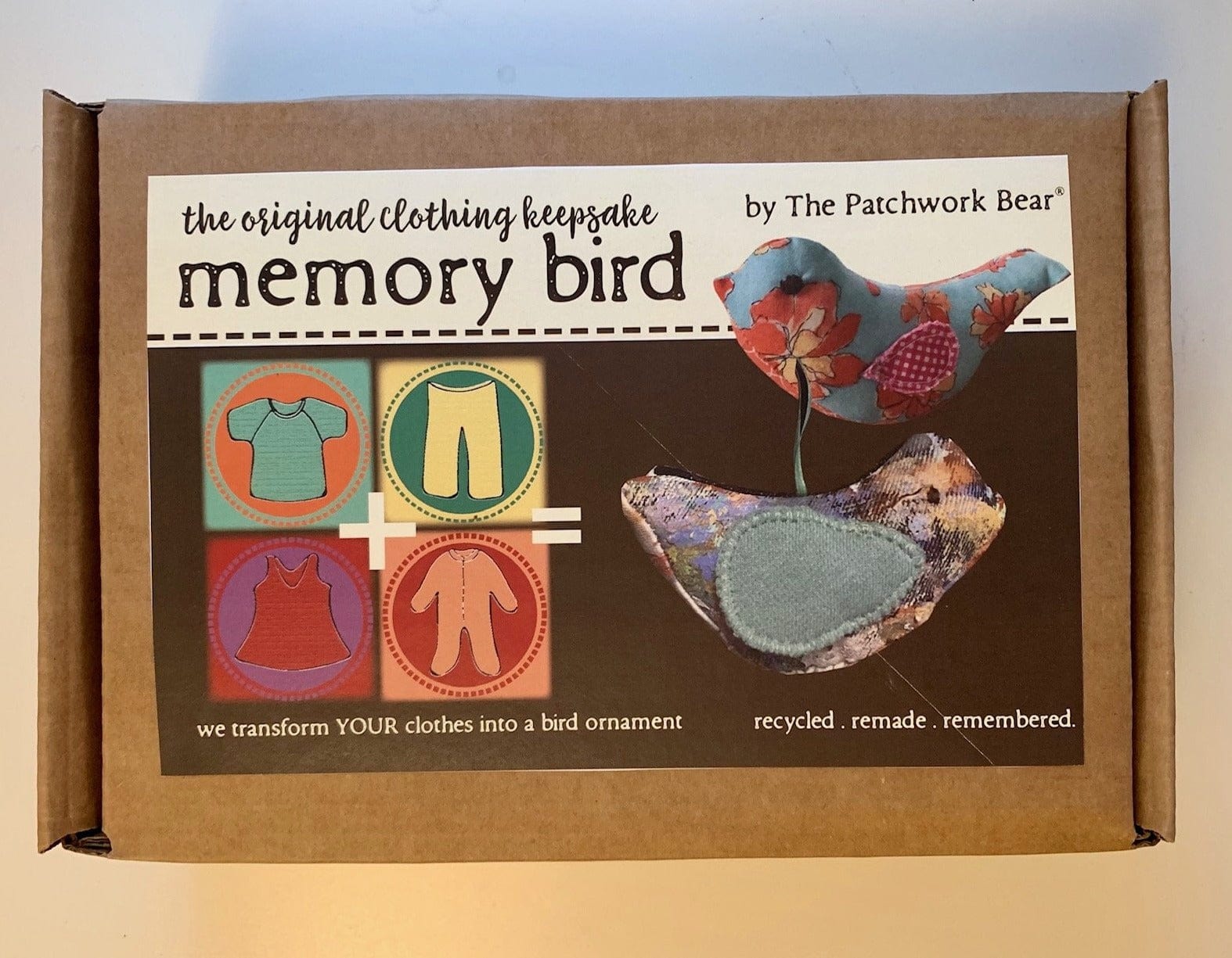 Memory bird made from recycled clothing.