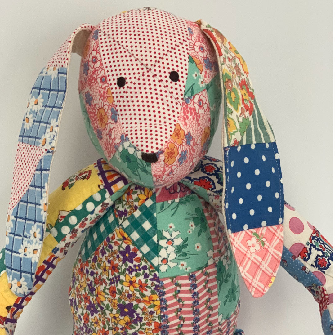 Detail of Patchwork Bunny made with vintage quilts