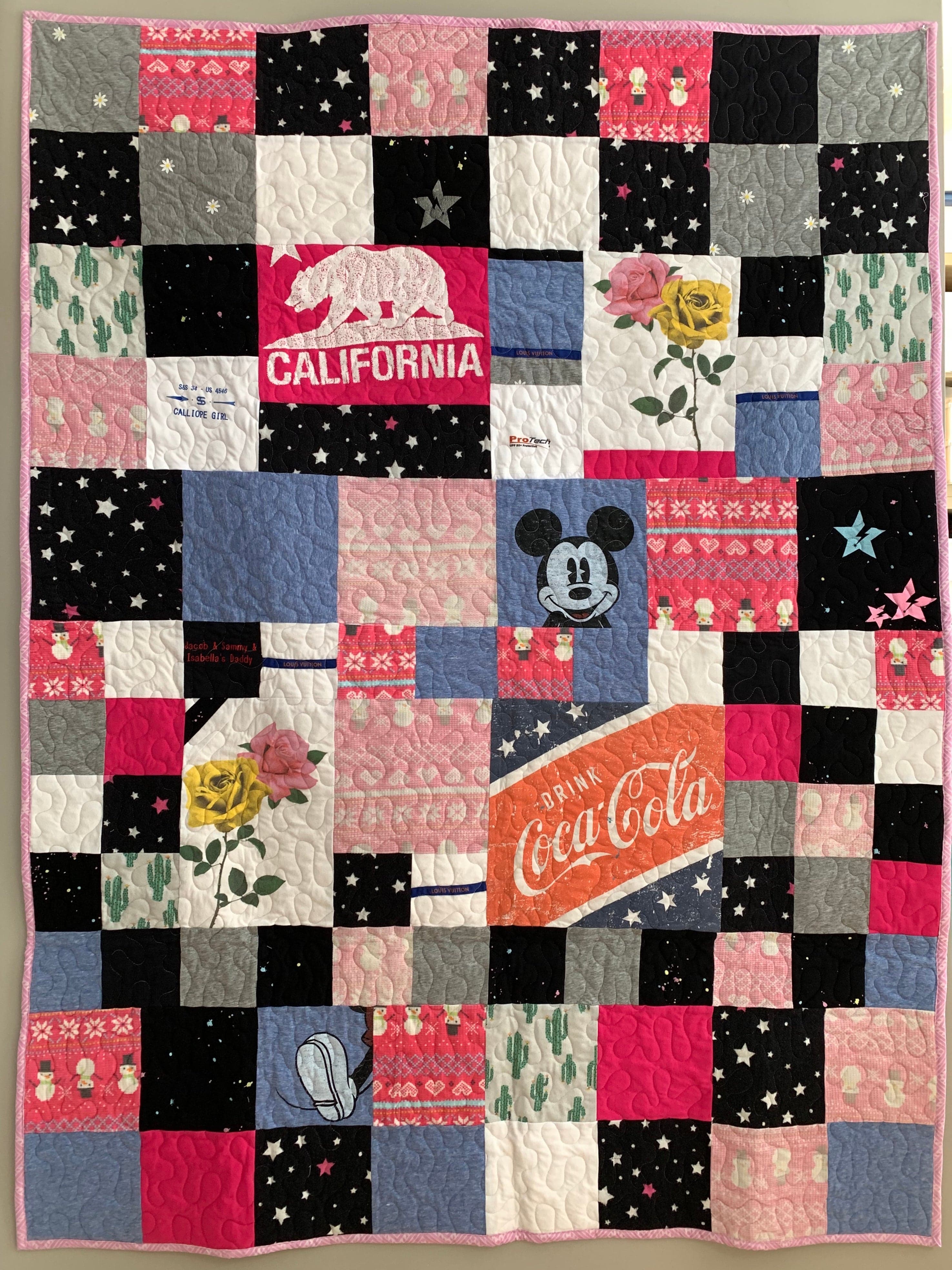 Didriksen quilt with California bear, Mickey, Coca-Cola