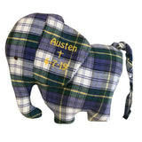 Plaid elephant pillow with embroidered name and date.