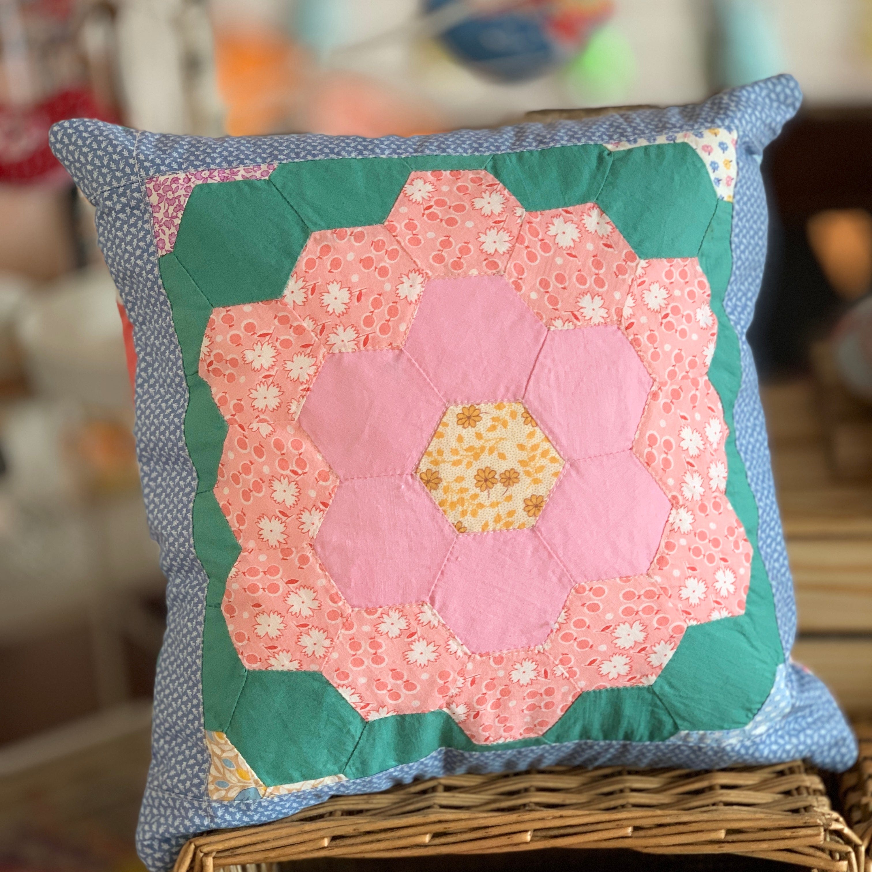 Grandmother's Flower Garden pillow side view