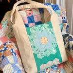 Grandmother's garden tote bag with green flower quilt detail
