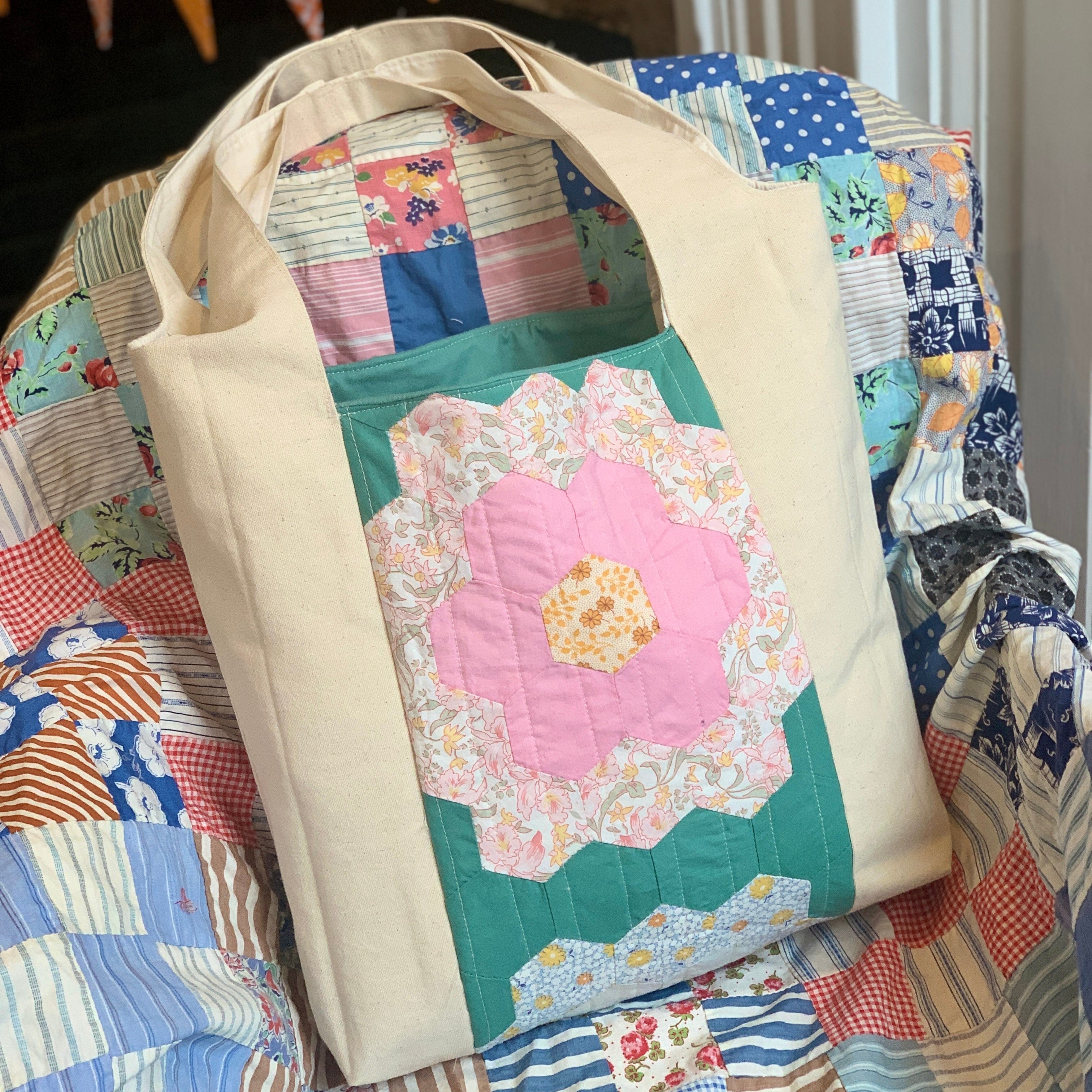 Grandmother's garden bag with pink floral quilt design