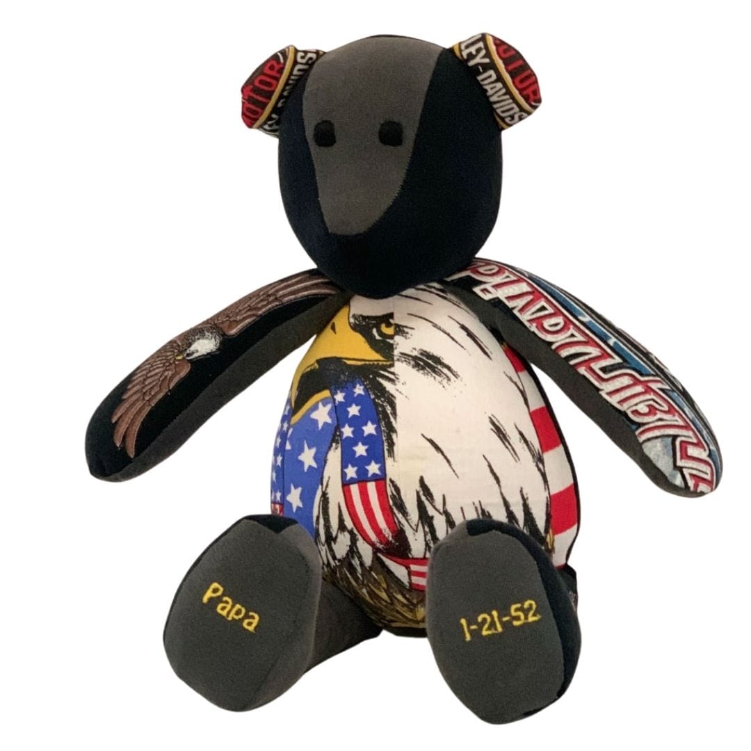 Harley Davidson memory bear with eagle, Papa, & flag details.
