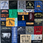 Hartman jersey quilt with various college logos and text.