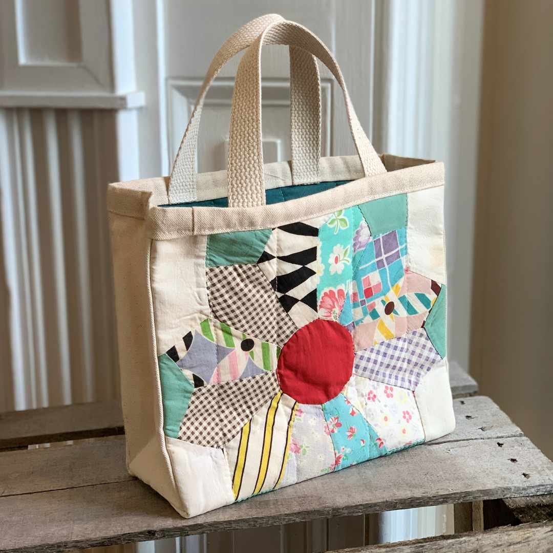 Mini satchel tote bag with Dresden flower applique