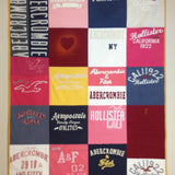Nakaima T-shirt quilt featuring Abercrombie, Hollister, & Aeropostale logos.