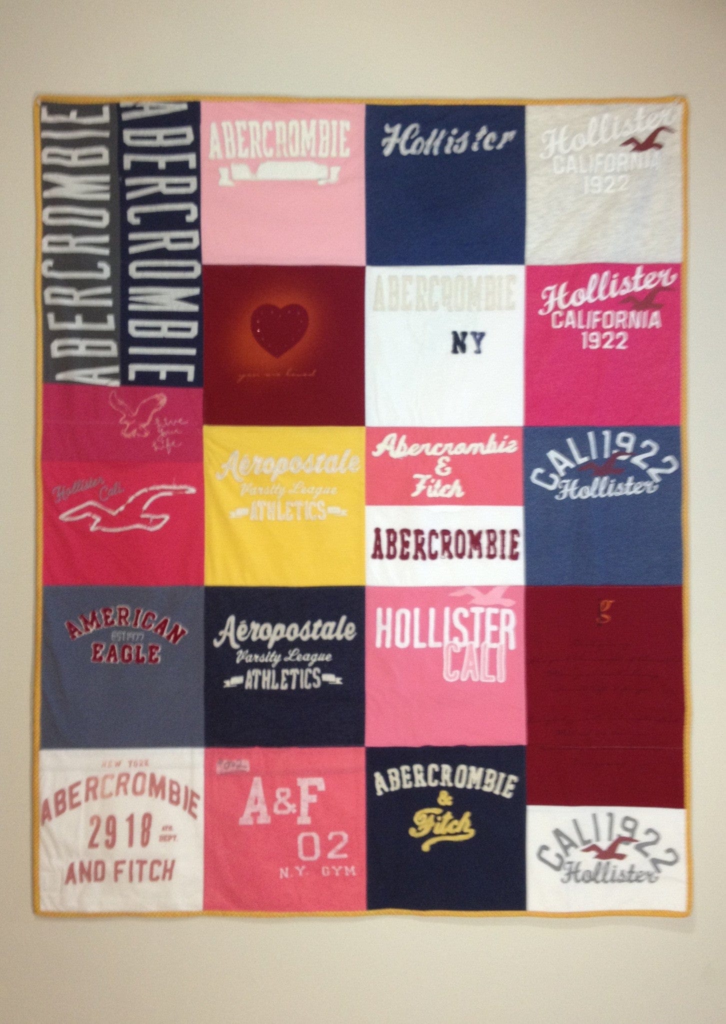 Nakaima T-shirt quilt featuring Abercrombie, Hollister, & Aeropostale logos.
