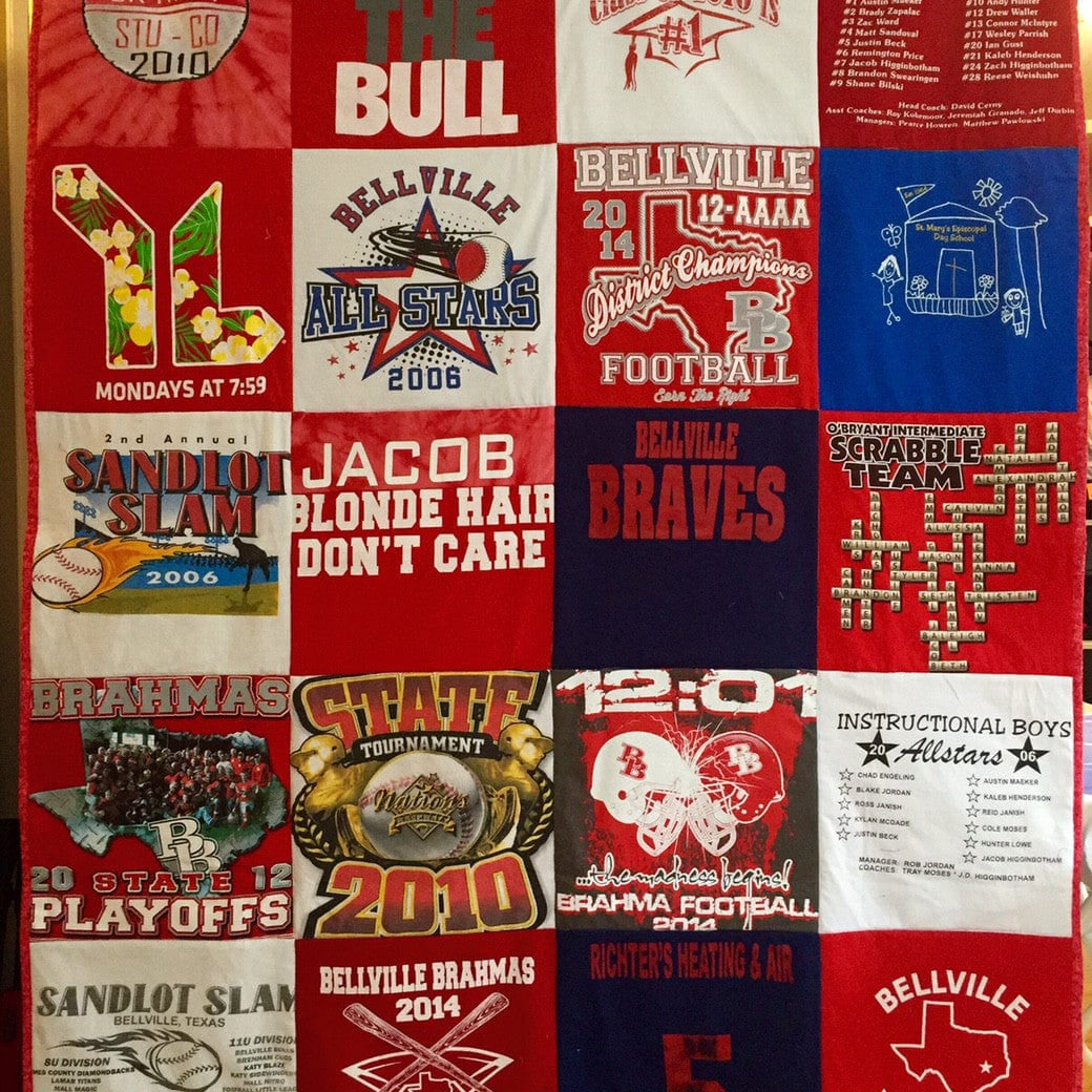 Red t-shirt quilt with Belleville and sports designs