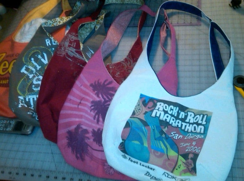 Upcycled tote bags made from repurposed shirts.